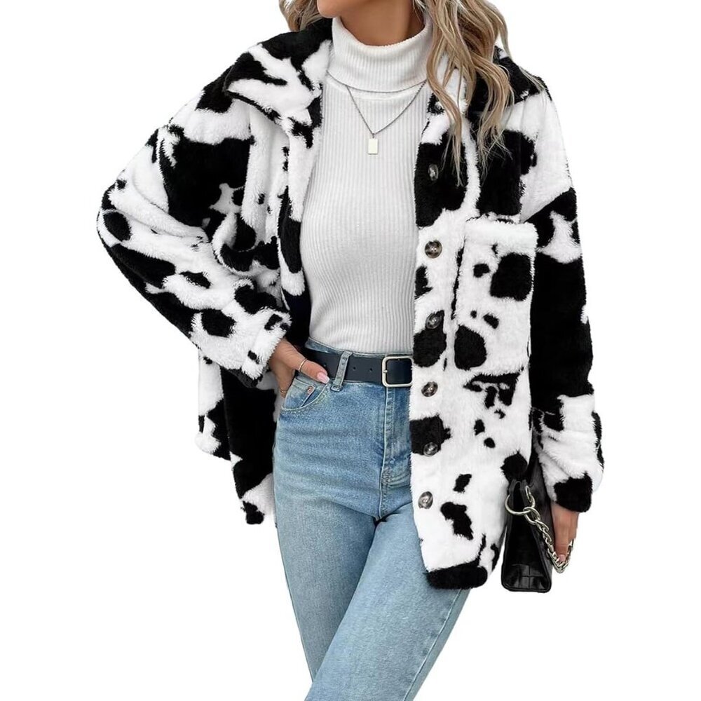 Women's Faux Fur Jacket Long Sleeve Cow Print Oversized Warm Winter Coat